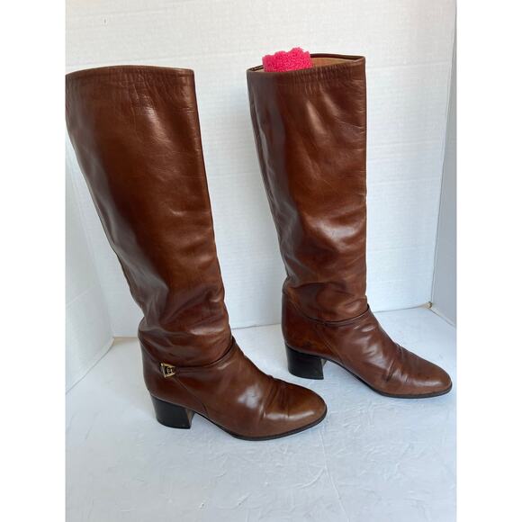 Auth Gucci Brown Leather Pull On Knee High Riding Low Heel Boots Sz 7 - Picture 3 of 16